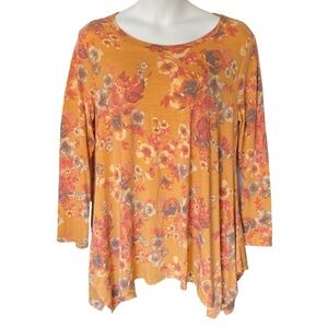 ODDI Floral Swing Sharkbite Hem Tunic Top Womens Plus Size 2XL Orange Fall